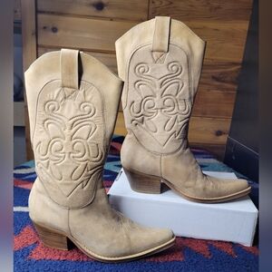 Penny Loves Kenny High Noon Boots Womens Size 7 Tan Leather Cowgirl Pointed Toe